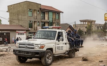 Congolese policemen intervene in Goma on July 26, 2022 during a protest against the UN peacekeeping mission MONUSCO. - Three United Nations peacekeepers and at least 12 demonstrators have been killed in escalating anti-UN protests in eastern DR Congo, officials said on Tuesday.
Anger has been fuelled by perceptions that MONUSCO, the UN mission in the Democratic Republic of Congo (DRC), is failing to do enough to stop attacks by armed groups. (Photo by Michel Lunanga / AFP) (Photo by MICHEL LUNANGA/AFP via Getty Images)