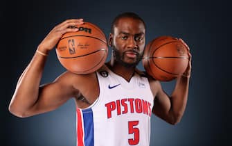 DETROIT, MICHIGAN - SEPTEMBER 26: Alec Burks # of the Detroit Pistons poses for a portrait during Detroit Pistons Media Day at Little Caesars Arena on September 26, 2022 in Detroit, Michigan. NOTE TO USER: User expressly acknowledges and agrees that, by downloading and or using this photograph, User is consenting to the terms and conditions of the Getty Images License Agreement. (Photo by Gregory Shamus/Getty Images)