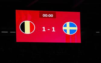 231016 The score board after the suspended UEFA Euro Qualifier football match between Belgium and Sweden on October 16, 2023 in Brussels. 
Photo: Joel Marklund / BILDBYRÅN / kod JM / JM0537
bbeng fotboll football soccer fotball em-kval uefa euro qualifier belgien belgium sverige sverige a sweden (Photo by JOEL MARKLUND/Bildbyran/Sipa USA)