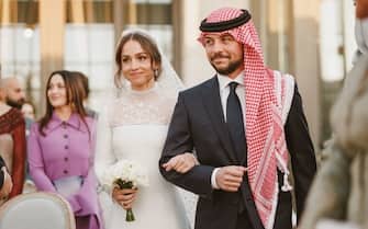 AMMAN, JORDAN- MARCH 12: In this handout from the Jordanian Royal Court,  Princess Iman and her brother Crown Prince Hussein at the Royal wedding of Princess Iman Bint Abdullah II and Jameel Alexander Thermiotis on March 12, 2023 in Amman, Jordan. (Photo Handout/Jordanian Royal Court/Getty Images)