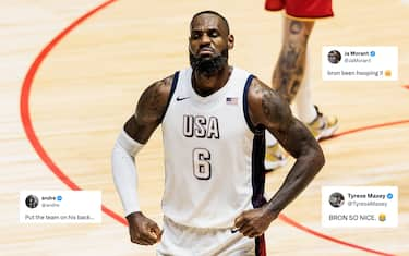 USA Basketball Showcase: USA - Deutschland; 22.07.2024 LeBron James (USA, 6) jubelt USA Basketball Showcase: USA - Deutschland; The O2 Arena, London am 22.07.2024 *** USA Basketball Showcase USA Germany 22 07 2024 LeBron James USA, 6 cheers USA Basketball Showcase USA Germany The O2 Arena, London on 22 07 2024 Copyright: xBEAUTIFULxSPORTS Wunderlx