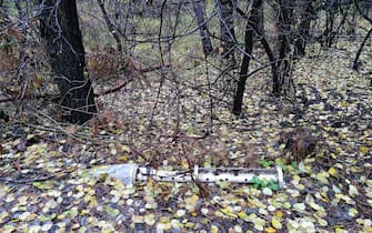 KHARKIV REGION, UKRAINE - OCTOBER 26, 2022 - The remains of a missile are stuck in the ground in a forest near Izium after the area was liberated from Russian invaders, Kharkiv Region, northeastern Ukraine.