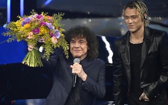 Italian singers Irama (R) and Riccardo Cocciante perform on stage at the Ariston theatre during the 74th Sanremo Italian Song Festival in Sanremo, Italy, 09 February 2024. The music festival runs from 06 to 10 February 2024.   ANSA/RICCARDO ANTIMIANI