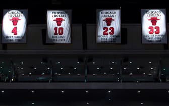CHICAGO, IL - NOVEMBER 08: Retired jersey number banners hang in the rafters at the United Center on November 8, 2010 in Chicago, Illinois. NOTE TO USER: User expressly acknowledges and agrees that, by downloading and or using this photograph, User is consenting to the terms and conditions of the Getty Images License Agreement. Mandatory Credit: 2010 NBAE (Photo by Chris Elise/NBAE via Getty Images)