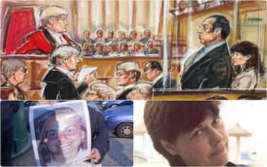 collage: disegno del processo e foto delle due vittime