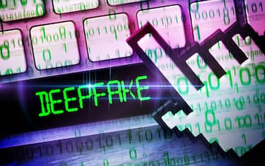 FOTOMONTAGE, Computertaste mit der Aufschrift Deepfake