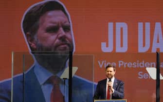 Mandatory Credit: Photo by Shutterstock (14765163am)
United States Senator and Republican Vice Presidential Nominee J.D. Vance (Republican of Ohio) gives remarks during an event marking the one-year anniversary of the Hamas-led October 7th attack against Israel, in Washington DC.
Oct. 7 One Year Anniversary Event with JD Vance, Washington, District of Columbia, USA - 07 Oct 2024