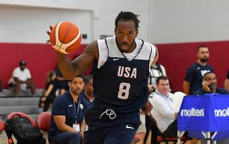 LAS VEGAS, NV - JULY 6: Kawhi Leonard #8 of the USA Basketball Men's Team dribbles the ball during USAB Men's Training Camp in Las Vegas on July 06, 2024 in Las Vegas Nevada. NOTE TO USER: User expressly acknowledges and agrees that, by downloading and/or using this Photograph, user is consenting to the terms and conditions of the Getty Images License Agreement. Mandatory Copyright Notice: Copyright 2024 NBAE (Photo by Brian Babineau/NBAE via Getty Images)