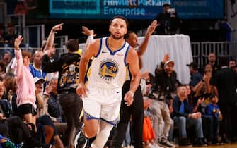 SAN FRANCISCO, CA - OCTOBER 24: Stephen Curry #30 of the Golden State Warriors celebrates during the game against the Phoenix Suns on October 24, 2023 at Chase Center in San Francisco, California. NOTE TO USER: User expressly acknowledges and agrees that, by downloading and or using this photograph, user is consenting to the terms and conditions of Getty Images License Agreement. Mandatory Copyright Notice: Copyright 2023 NBAE (Photo by Jed Jacobsohn/NBAE via Getty Images)