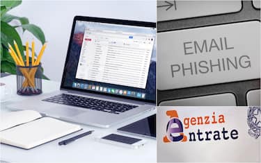 una scrivania con il pc, un tasto con la scritta email phishing e il logo dell'agenzia delle entrate