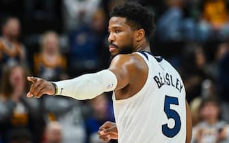 SALT LAKE CITY, UTAH - DECEMBER 23: Malik Beasley #5 of the Minnesota Timberwolves looks on in the second half of a game against the Utah Jazz at Vivint Smart Home Arena on December 23, 2021 in Salt Lake City, Utah. NOTE TO USER: User expressly acknowledges and agrees that, by downloading and or using this photograph, User is consenting to the terms and conditions of the Getty Images License Agreement. (Photo by Alex Goodlett/Getty Images)