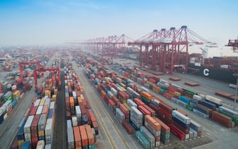 Shanghai,China-Nov 26,2017:aerial view of Industrial port with containers Shanghai Yangshan deepwater port is a deep water port for container ships in Hangzhou Bay