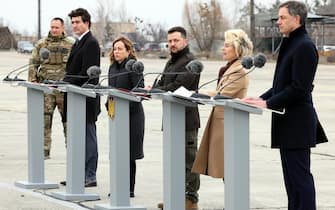 Prime Minister of Canada Justin Trudeau, Italy Prime Minister Giorgia Meloni, Ukraine president Volodymyr Zelensky, European Commission president Ursula Von der Leyen and Prime Minister Alexander De Croo pictured during a joint meeting in Kyiv, Ukraine, Saturday 24 February 2024. Belgian Prime Minister and European Commission President are on a visit in Ukraine, on the day of the second year' anniversary of the start of the conflict with Russia. BELGA PHOTO BENOIT DOPPAGNE (Photo by BENOIT DOPPAGNE/Belga/Sipa USA)