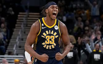 INDIANAPOLIS, INDIANA - NOVEMBER 07: Myles Turner #33 of the Indiana Pacers reacts in the third quarter against the New Orleans Pelicans at Gainbridge Fieldhouse on November 07, 2022 in Indianapolis, Indiana. NOTE TO USER: User expressly acknowledges and agrees that, by downloading and or using this photograph, User is consenting to the terms and conditions of the Getty Images License Agreement. (Photo by Dylan Buell/Getty Images)