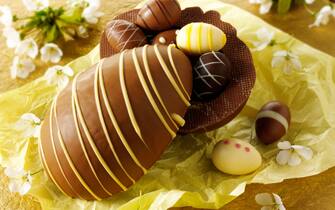 Traditional hand made decorated chocolate Easter eggs