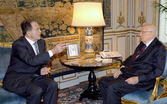 Italian President Giorgio Napolitano receives former Italian Prime Minister, Romano Prodi, Quirinal Palace, Rome, 29 April 2013. ANSA/UFFICIO STAMPA QUIRINALE +++ NO SALES, EDITORIAL USE ONLY ++
