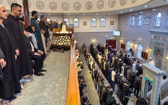 SCHIEDAM, THE NETHERLANDS - MARCH 30: Muslims in the city of Schiedam, the Netherlands, gather at the Yildiz Islamic Center Mosque affiliated with the Islamic Community National Vision South Holland Region (IGMG GH), to perform Eid al-Fitr prayer on March 30, 2025. (Photo by Abdullah Asiran/Anadolu via Getty Images)
