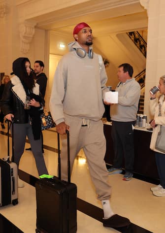 PARIS, FRANCE - JANUARY 08:  Evan Mobley #4 of the Cleveland Cavaliers arrives at the hotel as part of NBA Paris Games 2024 on January 08, 2024 in Paris, France. NOTE TO USER: User expressly acknowledges and agrees that, by downloading and/or using this Photograph, user is consenting to the terms and conditions of the Getty Images License Agreement. Mandatory Copyright Notice: Copyright 2024 NBAE (Photo by Catherine Steenkeste/NBAE via Getty Images)