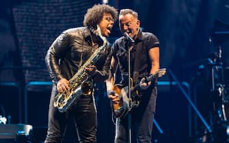 BARCELONA, SPAIN - APRIL 28: (L-R) Jake Clemons and Bruce Springsteen perform on stage at Estadi Olimpic the first concert of his European Tour on April 28, 2023 in Barcelona, Spain. (Photo by Jordi Vidal/Redferns)