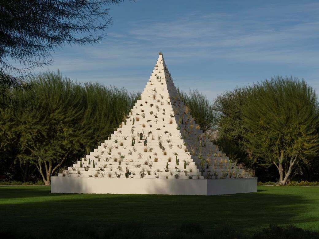 Desert X 2025 installation view of Agnes Denes The Living Pyramid at Sunnylands Center & Gardens, photo by Lance Gerber, courtesy Desert X