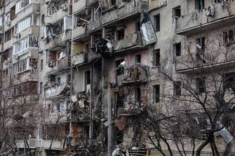 A fire damaged building following a blast at around 4am during Russian artillery strikes in Kyiv, Ukraine, on Friday, Feb. 25, 2022. Ukraines president said Moscow-led forces were continuing attacks on military and civilian targets on the second day of their invasion after the U.S. and its allies imposed new sanctions on Moscow and U.S. President Joe Biden warned of "a dangerous moment for all of Europe." Photographer: Erin Trieb/Bloomberg via Getty Images