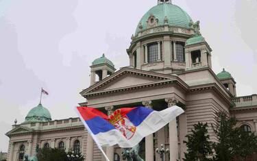 BELGRADE, SERBIA - APRIL 13: The parliament building is seen as thousands of Serbians take part in a protest against the government, named as "One in five millions" demanding the resignation of Serbian President Aleksandar Vucic in Belgrade, Serbia on April 13, 2019. (Photo by Talha Ozturk/Anadolu Agency/Getty Images)