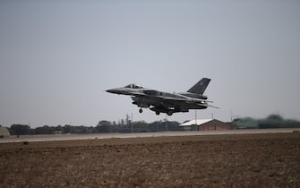 GIOIA DEL COLLE, ITALY - OCTOBER 09: An F16 fighter jet from the Polish Air Force is seen during the 62nd NATO Tiger Meet Drill organized by the 'NATO Tiger Association', formed by squadrons with 'Tiger' as their emblem, hosted by The Italian Air Force (Aeronautica Militare) at Antonio Ramirez air base in Gioia del Colle, southeastern Italy on October 09, 2023. Starting on October 2 and lasting until October 13, approximately 80 aircraft of different types and 2,000 personnel from 13 countries take part in the drill. (Photo by Baris Seckin/Anadolu via Getty Images)