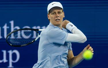 MASON, OHIO - AUGUST 11: Janik Sinner of Italy in action against Gabriel Diallo of Canada in the third round of the men's singles at the Cincinnati Open at the Lindner Family Tennis Center on August 11, 2025 in Mason, Ohio. (Photo by Frey/TPN/Getty Images)