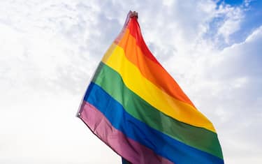 Unknown person posing with LGBT flag covering his body with sky behind