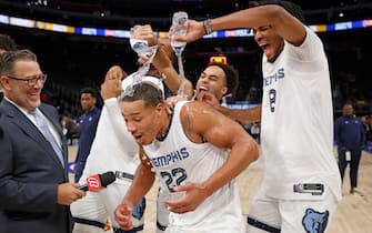 DETROIT, MI - DECEMBER 6: Xavier Tillman #2, Jacob Gilyard #0, Ziaire Williams #8 and Desmond Bane #22 of the Memphis Grizzlies celebrate after the game against the Detroit Pistons on December 6, 2023 at Little Caesars Arena in Detroit, Michigan. NOTE TO USER: User expressly acknowledges and agrees that, by downloading and/or using this photograph, User is consenting to the terms and conditions of the Getty Images License Agreement. Mandatory Copyright Notice: Copyright 2023 NBAE (Photo by Brian Sevald/NBAE via Getty Images)