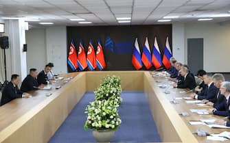 VLADIVOSTOK, RUSSIA - APRIL, 25 (RUSSIA OUT) North Korean Leader Kim Jong-un (L) addresses to Russian President Vladimir Putin (R)  during the Russia - North Korea Summit on April 25, 2019 in Vladivostok, Russia. North Korean Leader Kim Jong-un is visiting Russia for the first time. (Photo by Mikhail Svetlov/Getty Images)