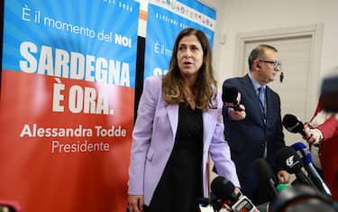 Alessandra Todde in conferenza stampa al quartier generale, Carbonia (Cagliari, 26 febbraio 2024. ANSA / Fabio Murru