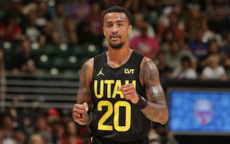 HONOLULU, HI - OCTOBER 8: John Collins #20 of the Utah Jazz looks on during the game against the LA Clippers on October 8, 2023 at the SimpliFi Arena at the Stan Sheriff Center in Honolulu, Hawaii. NOTE TO USER: User expressly acknowledges and agrees that, by downloading and or using this photograph, User is consenting to the terms and conditions of the Getty Images License Agreement. Mandatory Copyright Notice: Copyright 2023 NBAE  (Photo by Jay Metzger/NBAE via Getty Images)