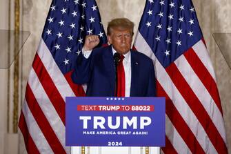 Former US President Donald Trump delivers remarks at the Mar-a-Lago Club in Palm Beach, Florida, US, on Tuesday, April 4, 2023. Trump entered a not-guilty plea to 34 counts of falsifying business records in the first degree in a proceeding that took a little less than an hour. Photographer: Eva Marie Uzcategui/Bloomberg via Getty Images