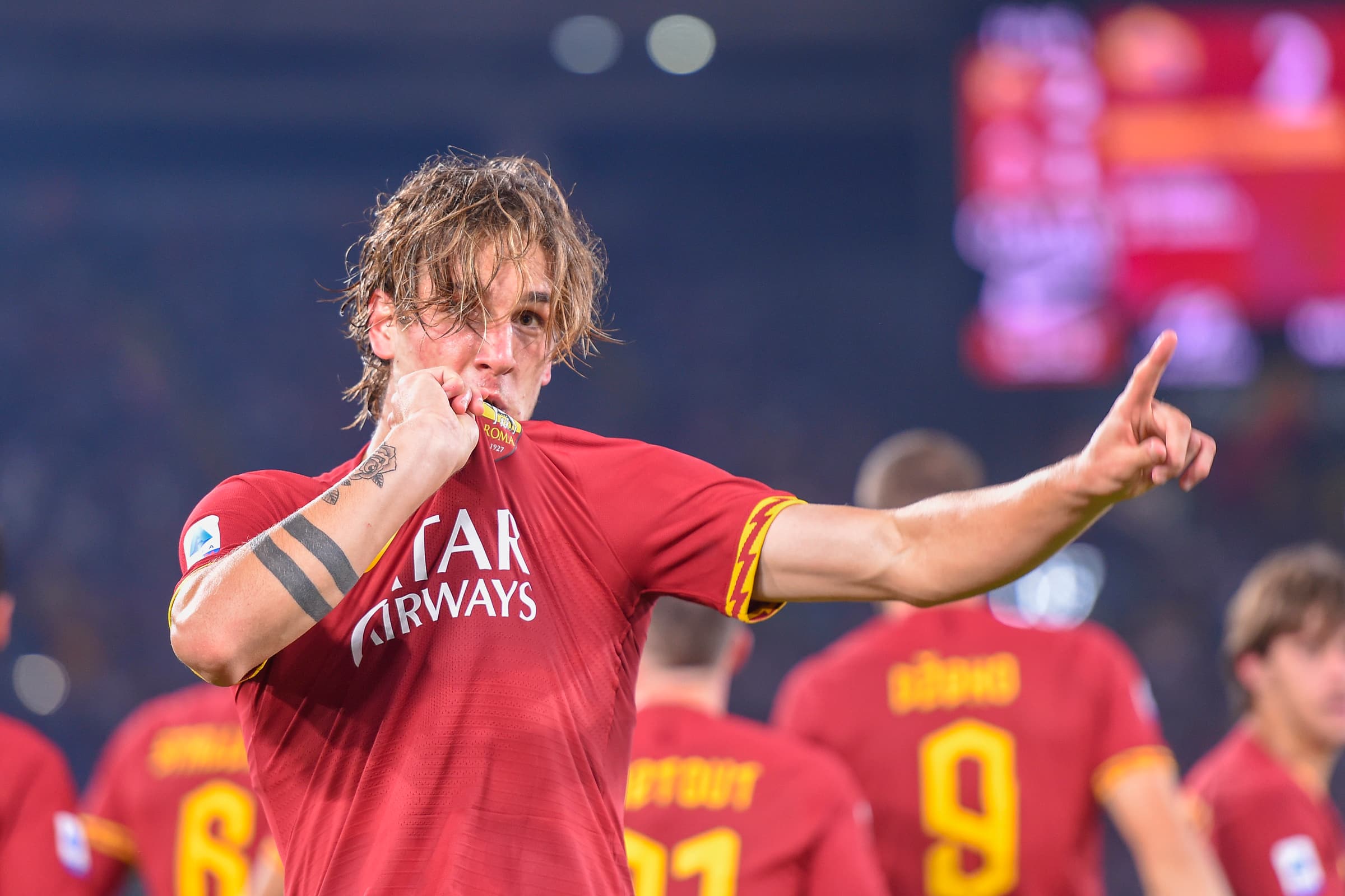 Foto Luciano Rossi/AS Roma/ LaPresse
27/10/2019 Roma ( Italia)
Sport Calcio
AS Roma - Milan  
Campionato di Calcio Serie A Tim 2019 2020
Stadio Olimpico di Roma
Nella foto: Nicol&#xf2; Zaniolo esulta dopo il gol

Photo Luciano Rossi/ AS Roma/ LaPresse
27/10/2019 Roma (Italy)
Sport Soccer
AS Roma - Milan     
football Championship League A Tim 2019 2020 
Olimpico stadium of Roma
In the pic: Nicol&#xf2; Zaniolo celebrates his goal