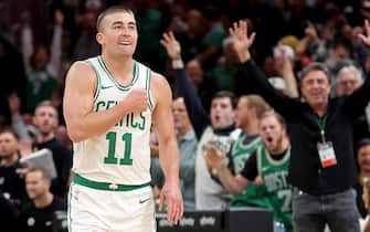 Boston, MA - October 28: Payton Pritchard #11 of the Boston Celtics after making a 3-pointer during the first half of the NBA game against the Milwaukee Bucks at the TD Garden. (Photo by Matt Stone/MediaNews Group/Boston Herald via Getty Images)