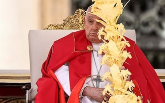 Pope Francis celebrates the Holy Mass of Palm Sunday in Saint Peter's Square, Vatican City, 24 March 2024. ANSA/RICCARDO ANTIMIANI (papa francesco, palme, gestures)
