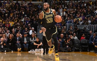 LOS ANGELES, CA - FEBRUARY 8: LeBron James #23 of the Los Angeles Lakers dribbles the ball during the game against the Denver Nuggets on Feburary 8, 2024 at Crypto.Com Arena in Los Angeles, California. NOTE TO USER: User expressly acknowledges and agrees that, by downloading and/or using this Photograph, user is consenting to the terms and conditions of the Getty Images License Agreement. Mandatory Copyright Notice: Copyright 2024 NBAE (Photo by Andrew D. Bernstein/NBAE via Getty Images)