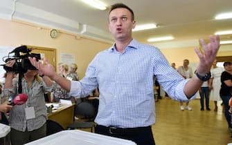 Russian opposition activist Alexei Navalny reacts after casting his vote at a polling station during to the Moscow city Duma election in Moscow on September 8, 2019. - Russians vote in local and regional elections on September 8, 2019. (Photo by Vasily MAXIMOV / AFP)        (Photo credit should read VASILY MAXIMOV/AFP via Getty Images)