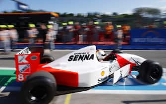 5/18/2024 - Sebastian Vettel drives Ayrton Senna's McLaren MP4/8 during the Formula 1 Emilia Romagna Grand Prix in Imola, Italy. (Photo by Zak Mauger/Motorsport Images/Sipa USA) France OUT, UK OUT