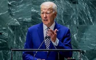 epa10869532 United States President Joe Biden addresses the delegates during the 78th session of the United Nations General Assembly at the United Nations Headquarters in New York, New York, USA, 19 September 2023.  EPA/JUSTIN LANE