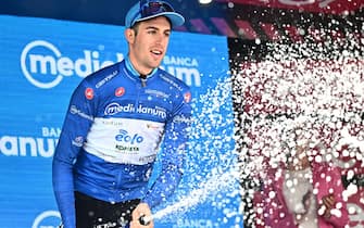 Italian rider Davide Bais of Eolo-Kometa Cycling Team wearing the best climber's blue jersey after the ninth stage ITT crono anof the 2023 Giro d'Italia cycling race over 35 km from Savignano sul Rubicone to Cesena, Italy, 14 May 2023. ANSA/LUCA ZENNARO