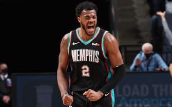 MEMPHIS, TN - FEBRUARY 25: Xavier Tillman #2 of the Memphis Grizzlies celebrates during the game against the LA Clippers on February 25, 2021 at FedExForum in Memphis, Tennessee. NOTE TO USER: User expressly acknowledges and agrees that, by downloading and or using this photograph, User is consenting to the terms and conditions of the Getty Images License Agreement. Mandatory Copyright Notice: Copyright 2021 NBAE (Photo by Joe Murphy/NBAE via Getty Images)