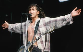 Singer-songwriter and guitarist Chris Cornell (1964 - 2017) performing with American rock group, Soundgarden at Feyenoord Stadion (De Kuip), Rotterdam, Netherlands, 23rd June 1992.