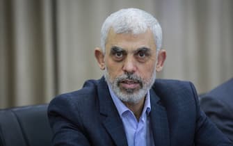 Yahya Sinwar, leader of the Palestinian Hamas Islamist movement hosts a meeting with members of Palestinian factions over the escalation of tensions between Israel and the Palestinians in the West Bank and Jerusalem, at Hamas President's office in Gaza City.