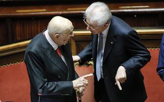 Italian life senator and honorary president of Italian Republic Giorgio Napolitano, left, speaking with former Italian prime minister Mario Monti during the extraordinary Conference of Presidents of Parliaments of the European Union at Senate Hall as part of the 60th anniversary of the signing of the Treaty of Rome celebrations, in Rome, Italy, March 17, 2017. The Treaty of Rome was signed on 25 March 1957 at Campidoglio Palace in Rome by Belgium, France, Italy, Luxembourg, the Netherlands and West Germany to form the European Economic Community (ECC). ANSA/ GIUSEPPE LAMI