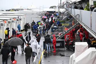 epa10932140 A general view of the paddock during rain at the Australian Motorcycle Grand Prix at the Phillip Island Grand Prix Circuit on Phillip Island, Victoria, Australia 22 October 2023.  EPA/JOEL CARRETT AUSTRALIA AND NEW ZEALAND OUT