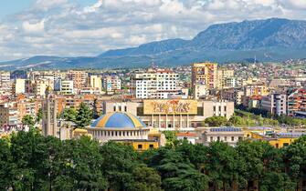 Cityscape over Tirana with its colorful apartment buildings, Tirana, Albania