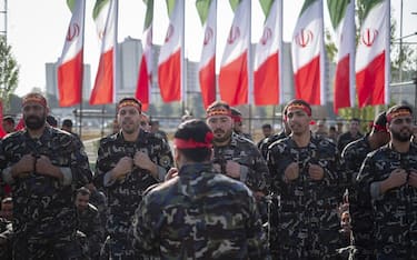 Members of the Basij paramilitary force are preparing to march in a military parade marking Iran's Army Day anniversary at an Army military base in Tehran, Iran, on April 17, 2024. (Photo by Morteza Nikoubazl/NurPhoto via Getty Images)