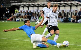 (220615) -- MOENCHENGLADBACH, June 15, 2022 (Xinhua) -- Germany's Timo Werner (R) vies with Italy's Luiz Felipe during the League A Group 3 match between Germany and Italy of 2022 UEFA Nations League in Moenchengladbach, Germany, on June 14, 2022. (Photo by Ulrich Hufnagel/Xinhua) - Ulrich Hufnagel -//CHINENOUVELLE_SIPA.0546/2206150849/Credit:CHINE NOUVELLE/SIPA/2206150935